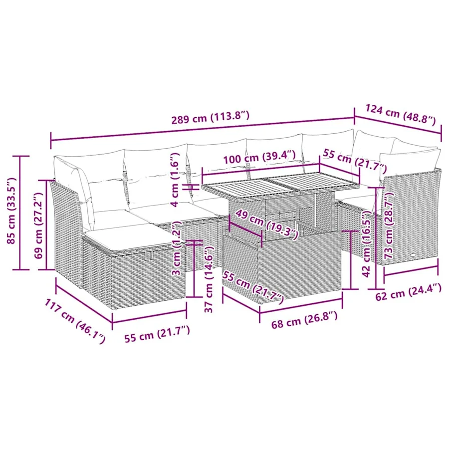 Salon de jardin avec coussins 8 pcs noir résine tressée acacia - 14