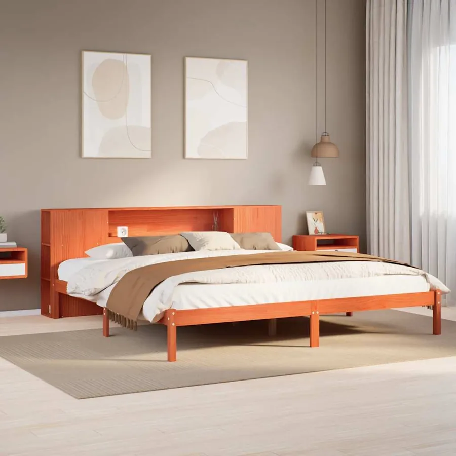 Lit bibliothèque sans matelas cire marron 200x200 cm pin massif