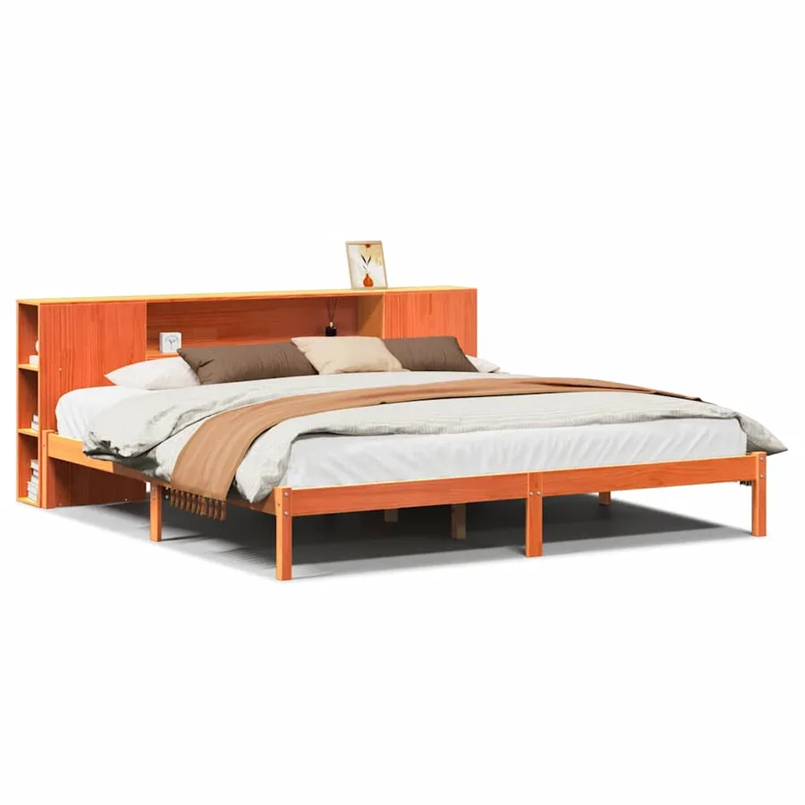 Lit bibliothèque sans matelas cire marron 200x200 cm pin massif - 2