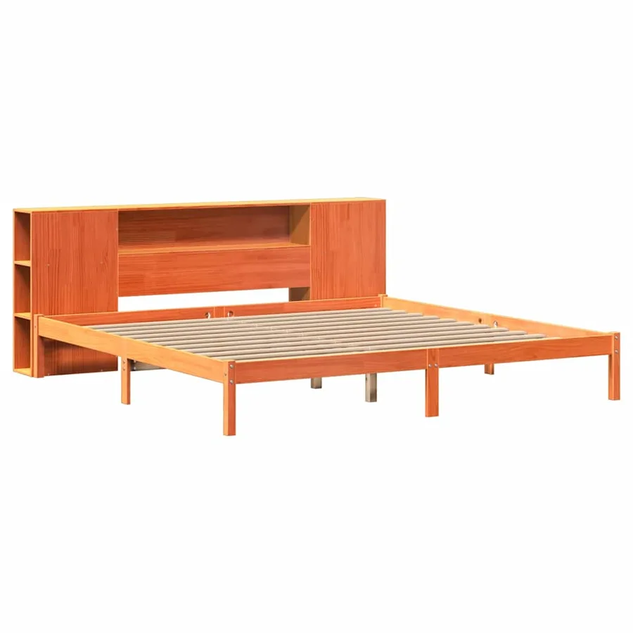 Lit bibliothèque sans matelas cire marron 200x200 cm pin massif - 3