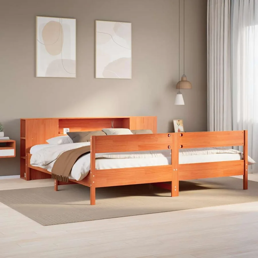 Lit bibliothèque sans matelas cire marron 200x200 cm pin massif