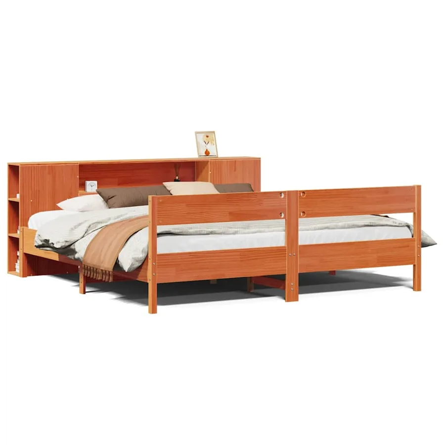 Lit bibliothèque sans matelas cire marron 200x200 cm pin massif - 2