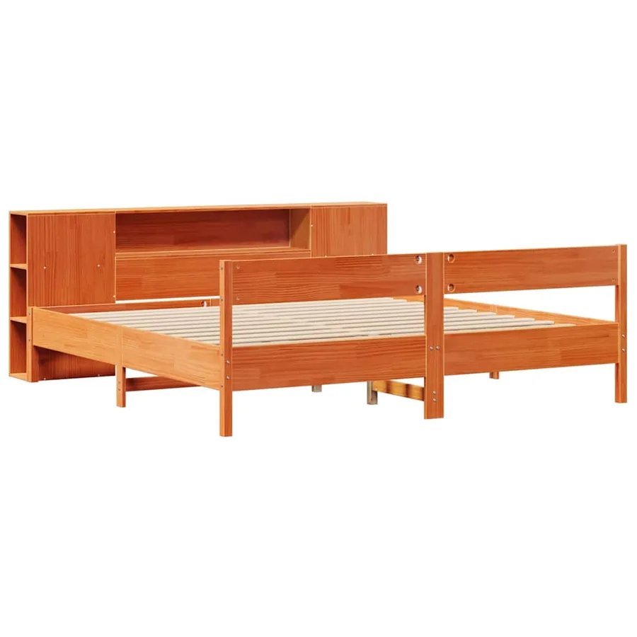 Lit bibliothèque sans matelas cire marron 200x200 cm pin massif - 3