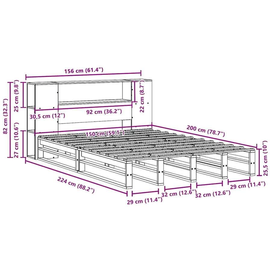 Lit bibliothèque sans matelas blanc 150x200 cm bois massif - 12