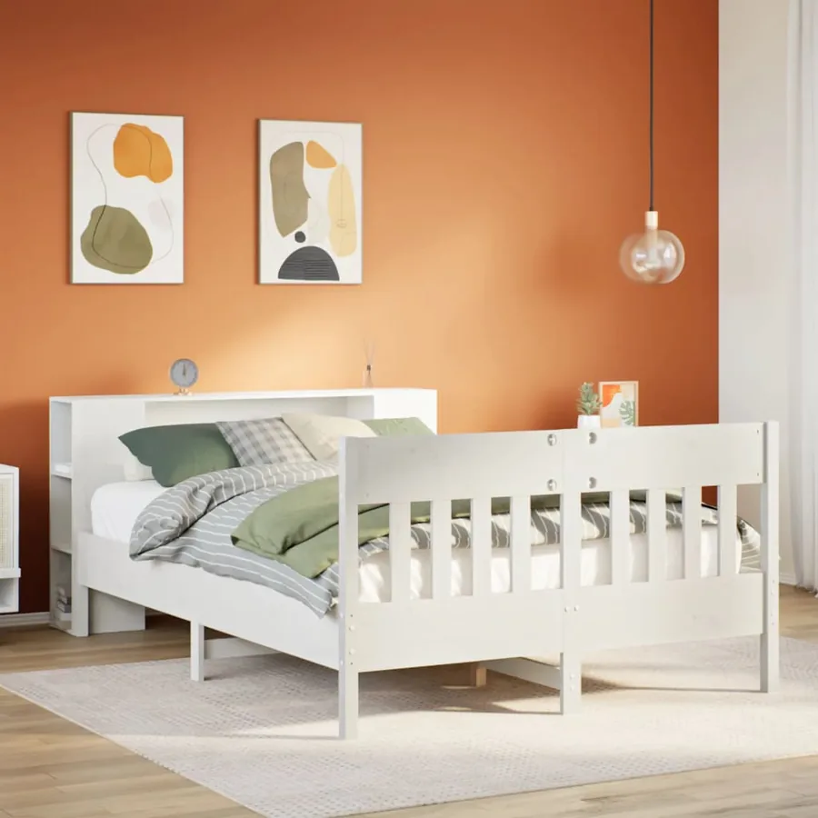 Lit bibliothèque sans matelas blanc 150x200 cm bois pin massif