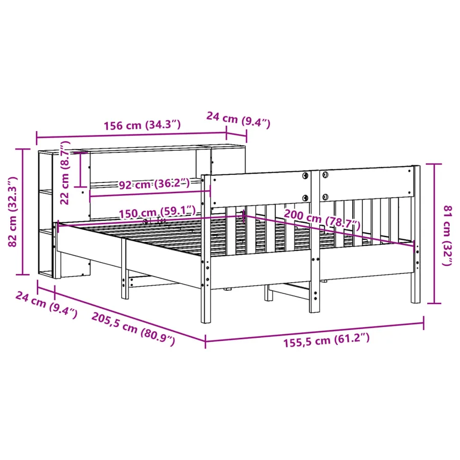 Lit bibliothèque sans matelas blanc 150x200 cm bois pin massif - 12