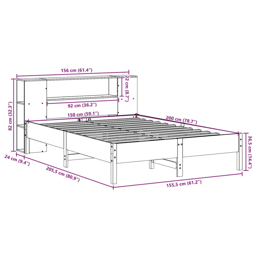 Lit bibliothèque sans matelas blanc 150x200 cm bois pin massif - 11