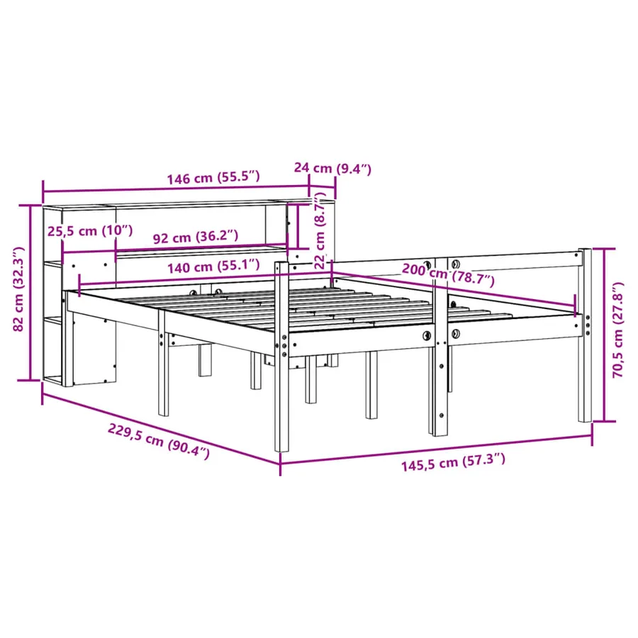 Lit bibliothèque sans matelas blanc 140x200 cm bois pin massif - 12