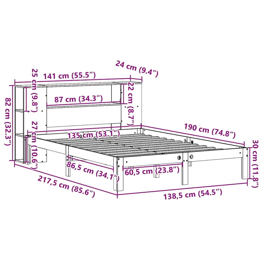 Lit bibliothèque sans matelas blanc 135x190 cm bois pin massif - 11