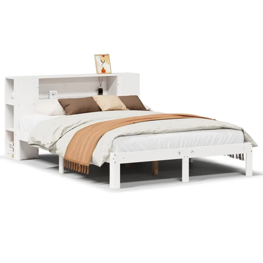 Lit bibliothèque sans matelas blanc 135x190 cm bois pin massif - 2
