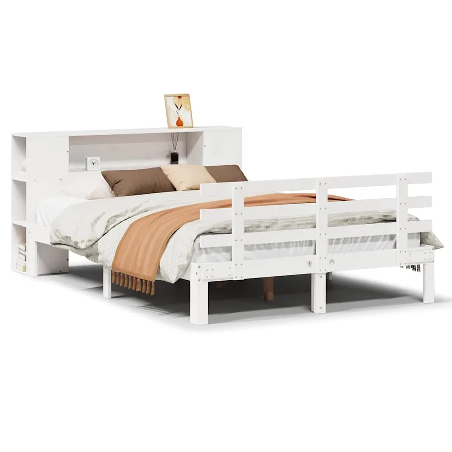 Lit bibliothèque sans matelas blanc 135x190 cm bois pin massif - 2