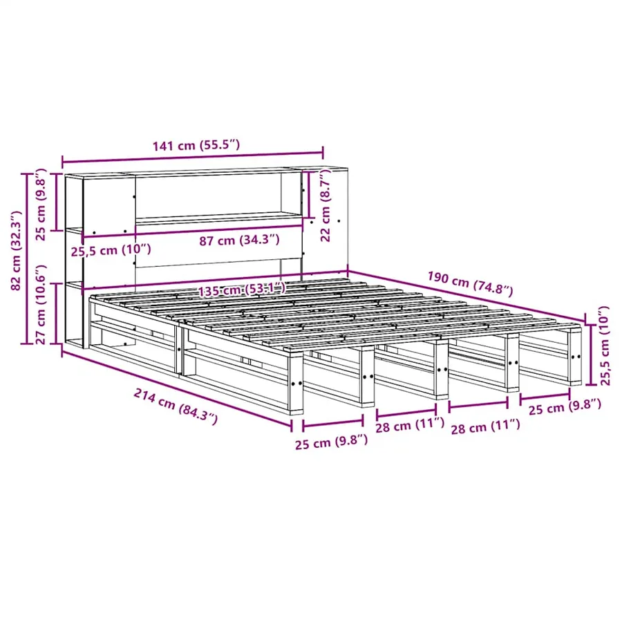 Lit bibliothèque sans matelas 135x190 cm bois massif - 12