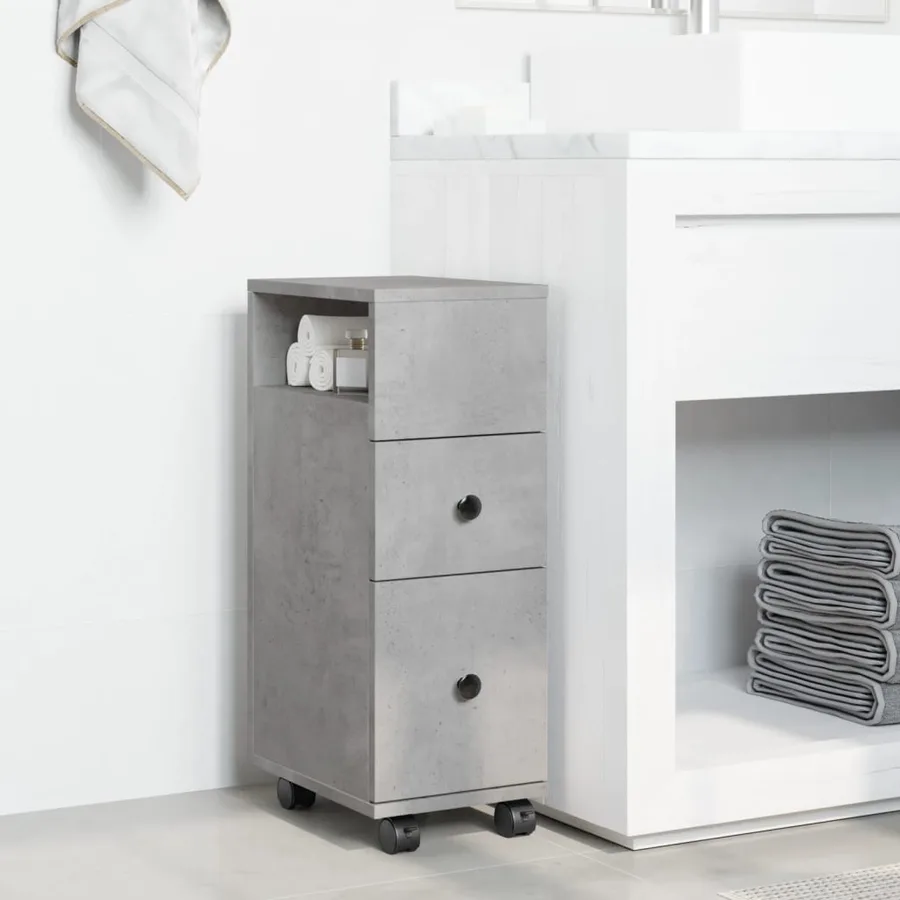 Meuble étroit de salle de bain à roulettes gris béton - 3