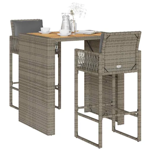 Ensemble de bar de jardin 3 pcs et coussins gris résine tressée
