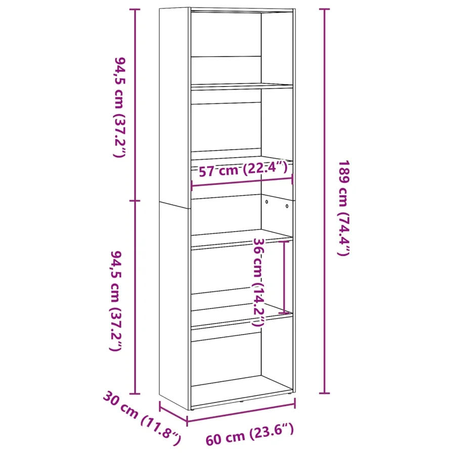 Bibliothèque gris béton 60x30x189 cm bois d'ingénierie - 9