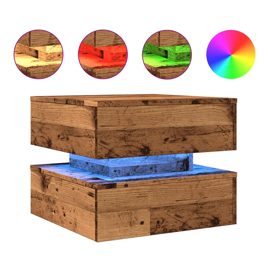 Table basse avec lumières LED vieux bois 50x50x40 cm - 2