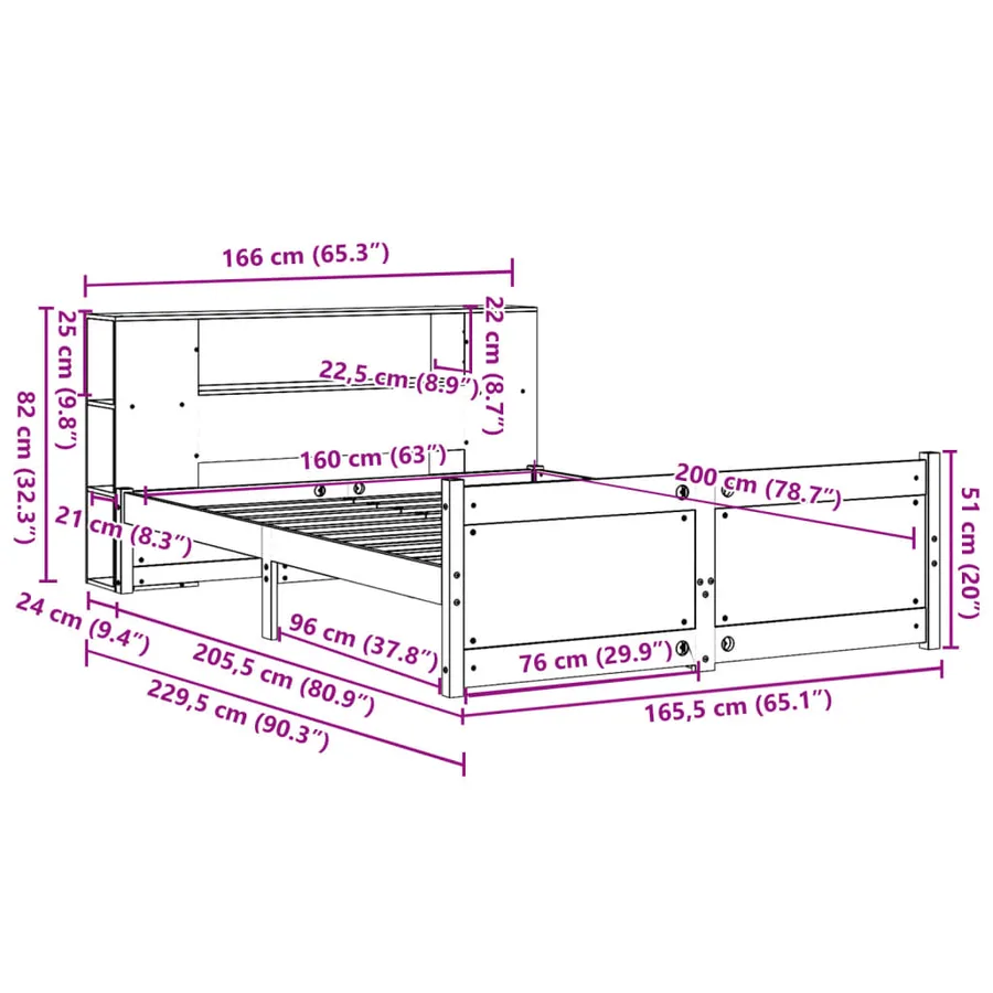 Lit bibliothèque sans matelas 160x200 cm bois massif de pin - 11