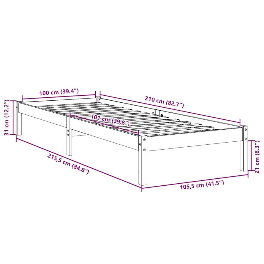 Cadre de lit extra long sans matelas 100x210 cm bois massif pin - 9