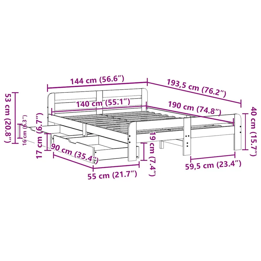 Cadre de lit sans matelas blanc 140x190 cm bois de pin massif - 12