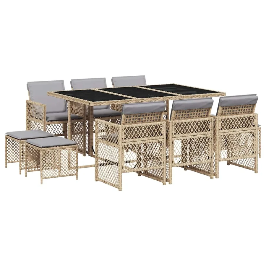 Ensemble à manger de jardin et coussins 11 pcs beige poly rotin - 2