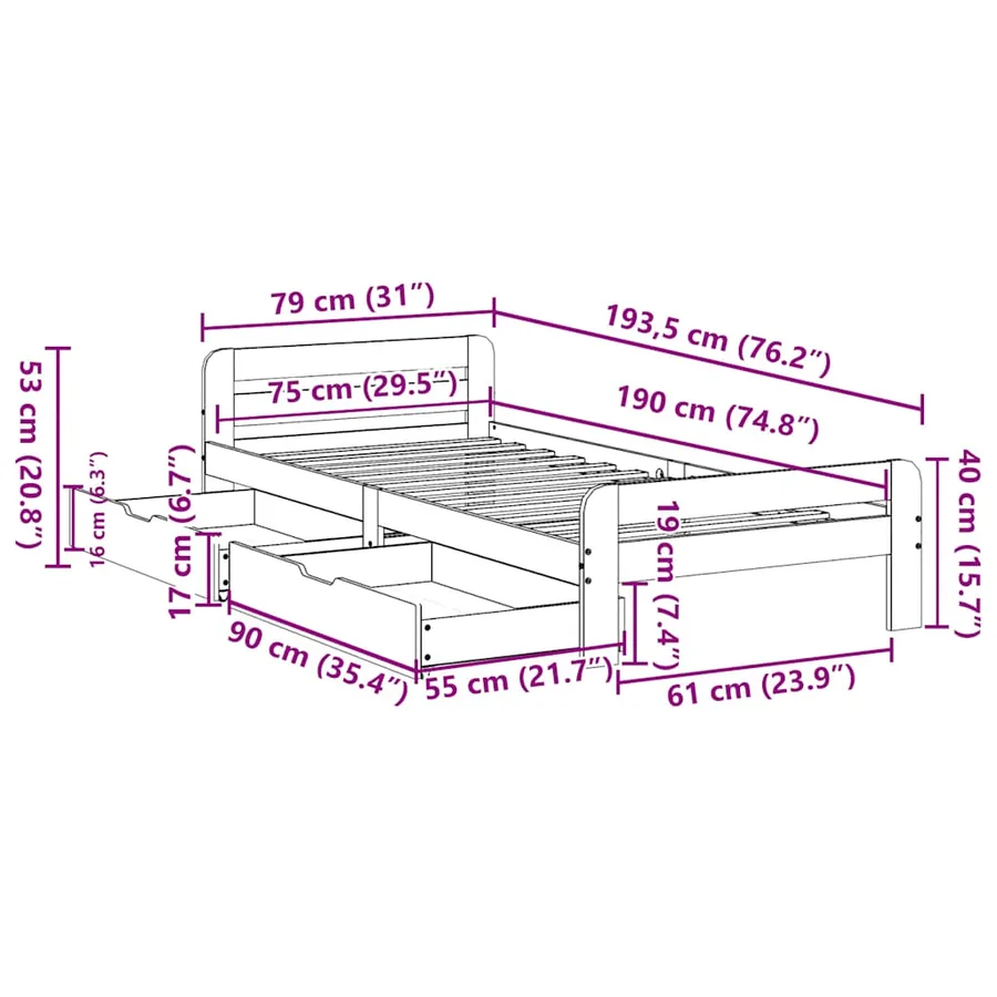 Cadre de lit sans matelas cire marron 75x190 cm bois pin massif - 12