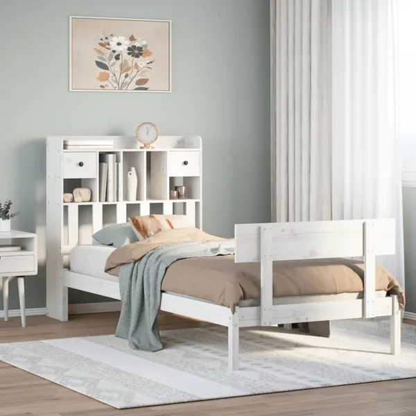Lit bibliothèque sans matelas blanc 90x190cm bois de pin massif
