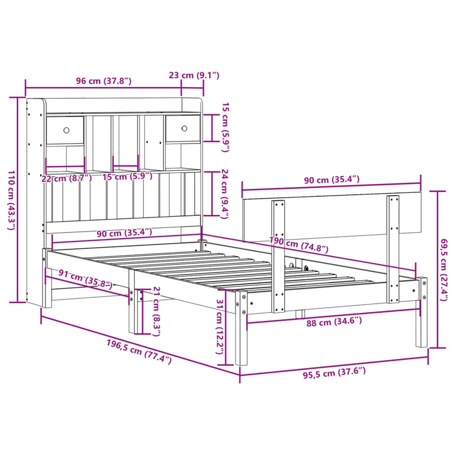Lit bibliothèque sans matelas blanc 90x190cm bois de pin massif - 11