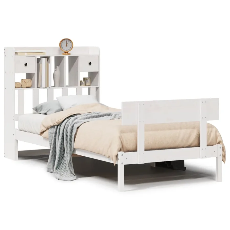 Lit bibliothèque sans matelas blanc 90x190cm bois de pin massif - 2
