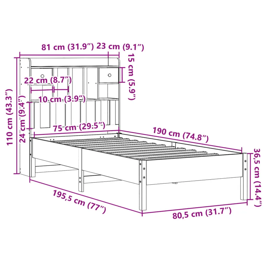 Lit bibliothèque sans matelas 75x190 cm bois de pin massif - 11