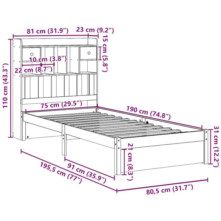 Lit bibliothèque sans matelas 75x190 cm bois de pin massif - 11