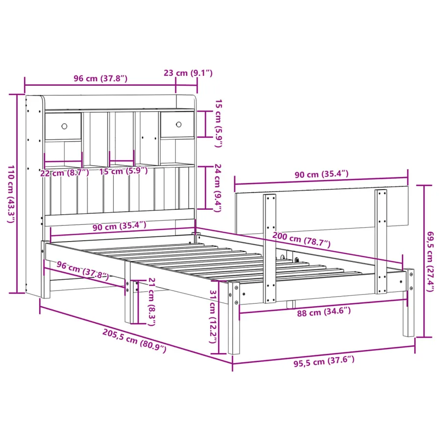 Lit bibliothèque sans matelas 90x200 cm bois de pin massif - 11
