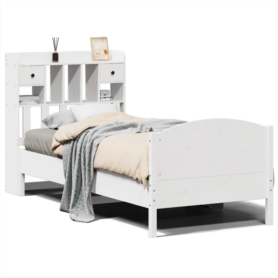 Lit bibliothèque sans matelas blanc 75x190cm bois de pin massif - 2