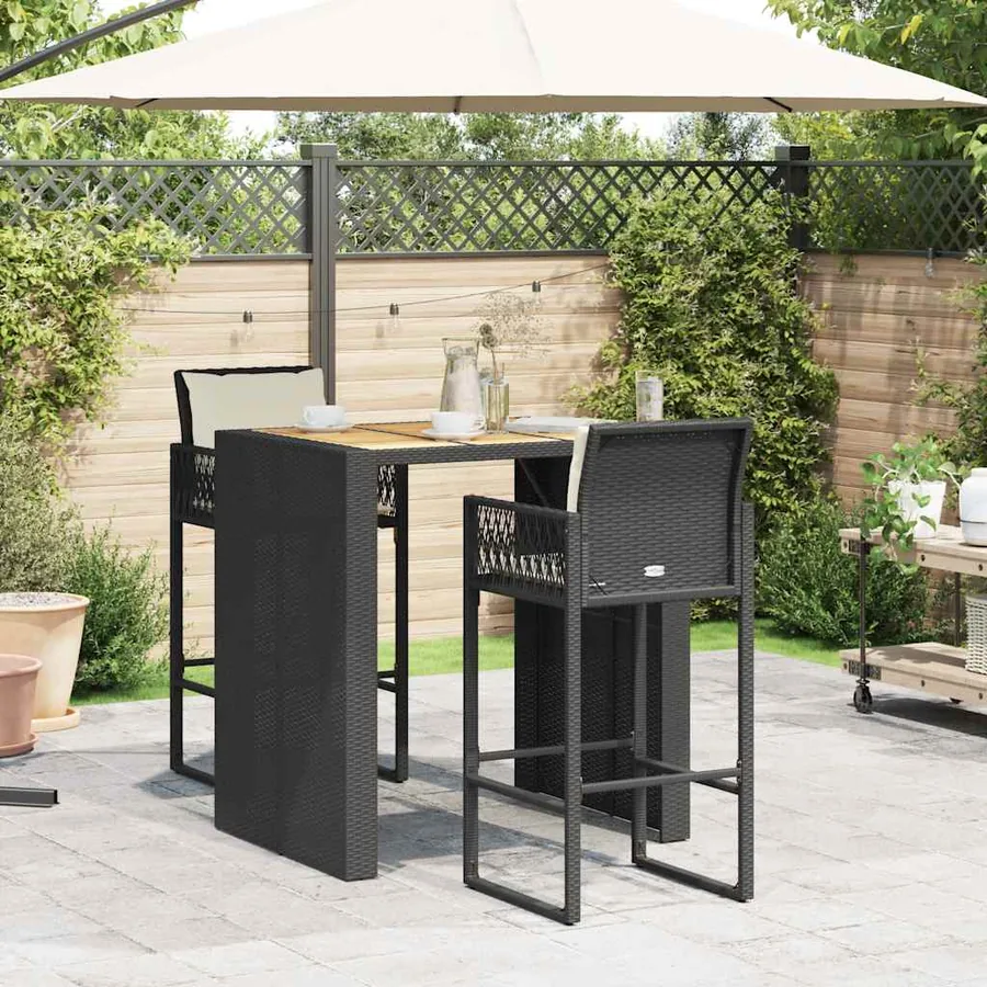 Ensemble de bar de jardin 3 pcs coussins noir poly rotin acacia - 3
