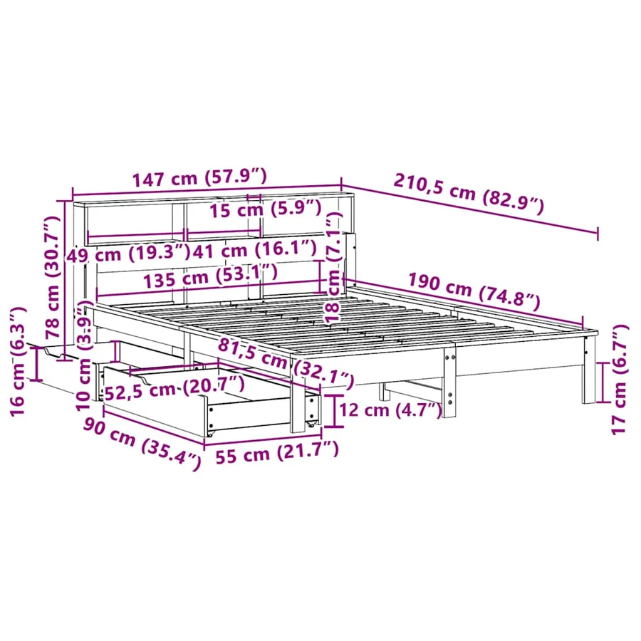Lit bibliothèque sans matelas 135x190 cm bois de pin massif - 12