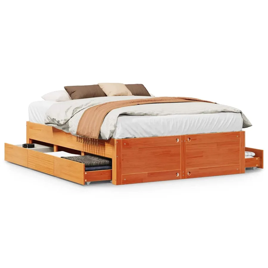 Cadre de lit sans matelas avec tiroirs brun cire 150x200 cm pin - 2