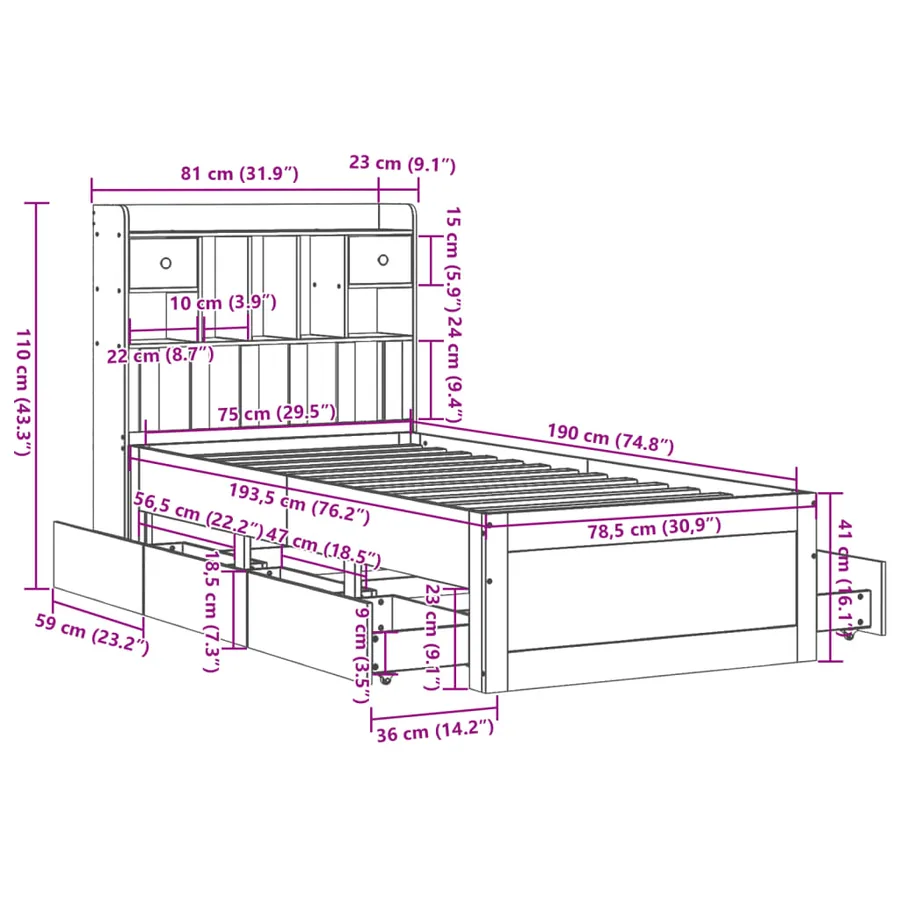 Lit bibliothèque sans matelas 75x190 cm bois de pin massif - 15