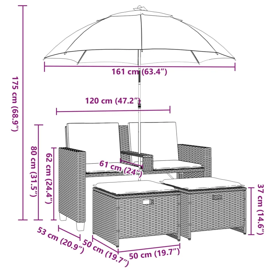 Canapé de jardin 2 places et parasol et tabourets marron rotin - 12