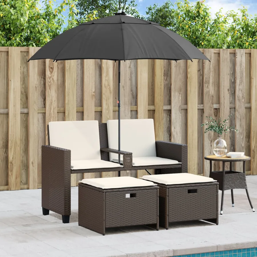 Canapé de jardin 2 places et parasol et tabourets marron rotin - 3