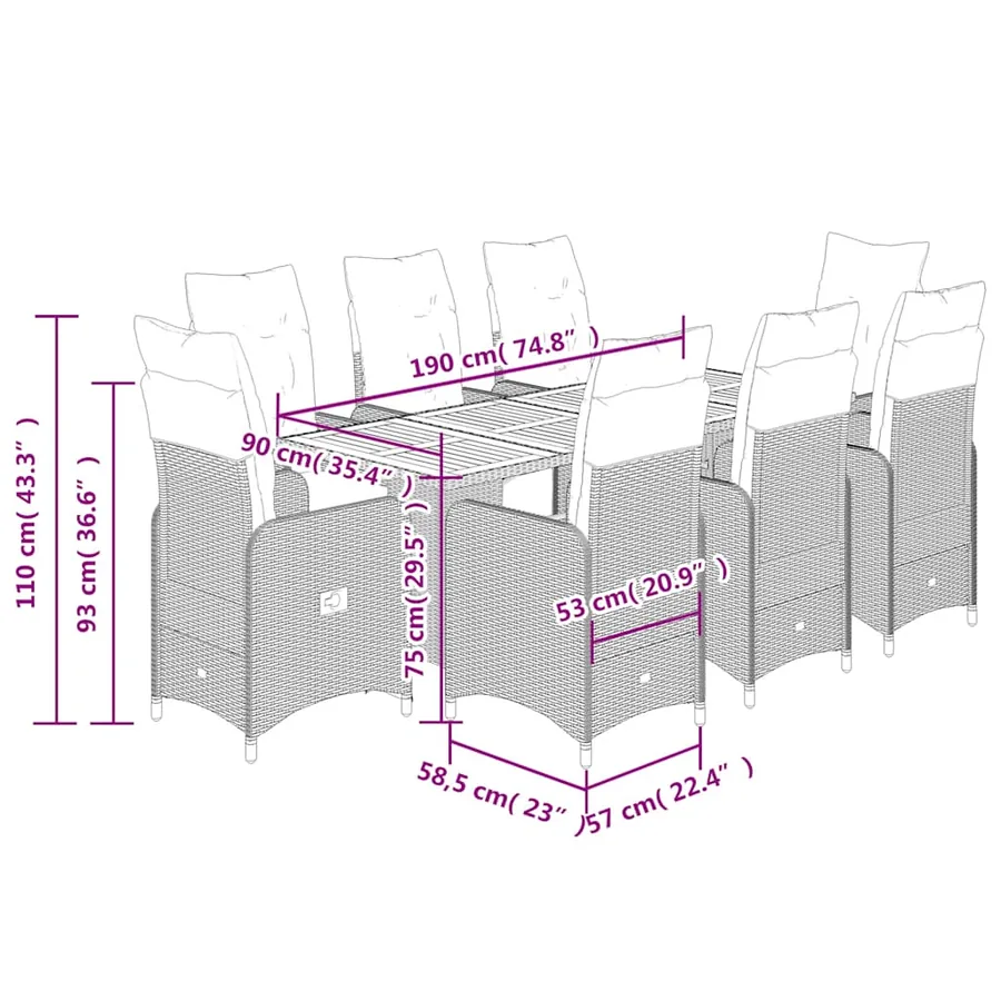 Ensemble de bistro de jardin 9 pcs coussins noir poly rotin - 7