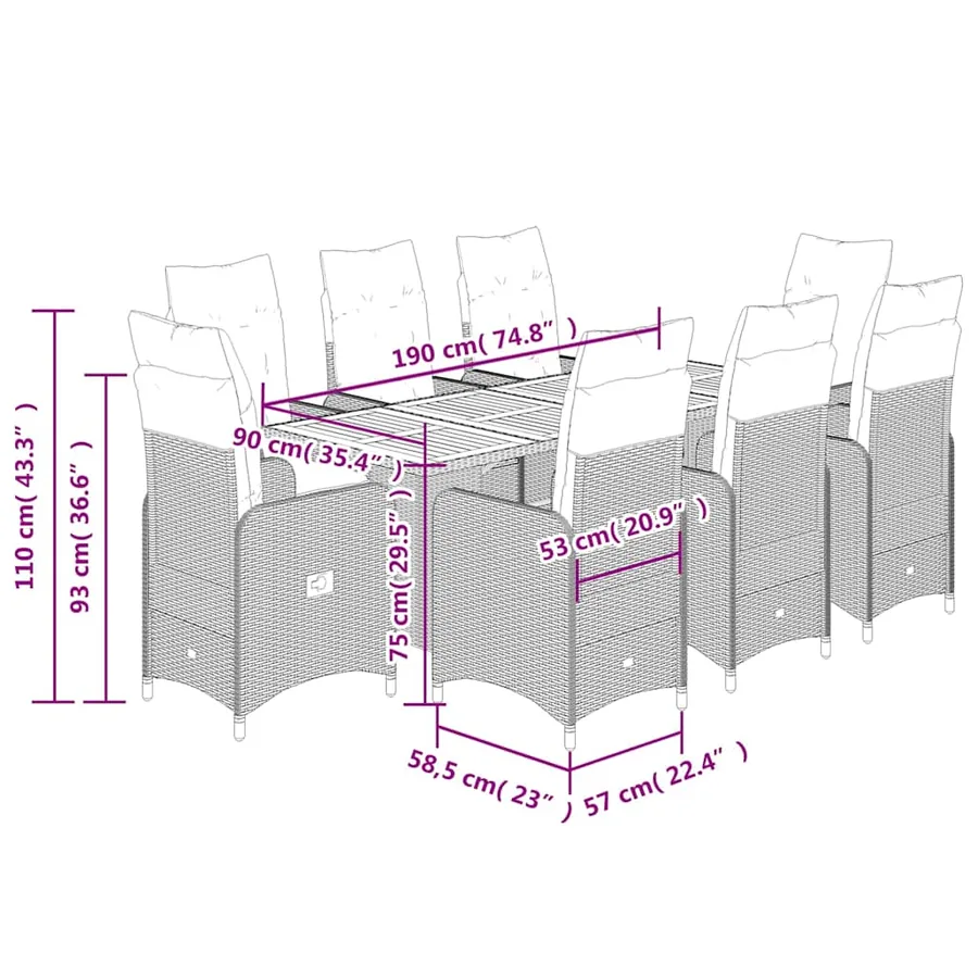 Ensemble de bistro de jardin 9 pcs coussins noir poly rotin - 7