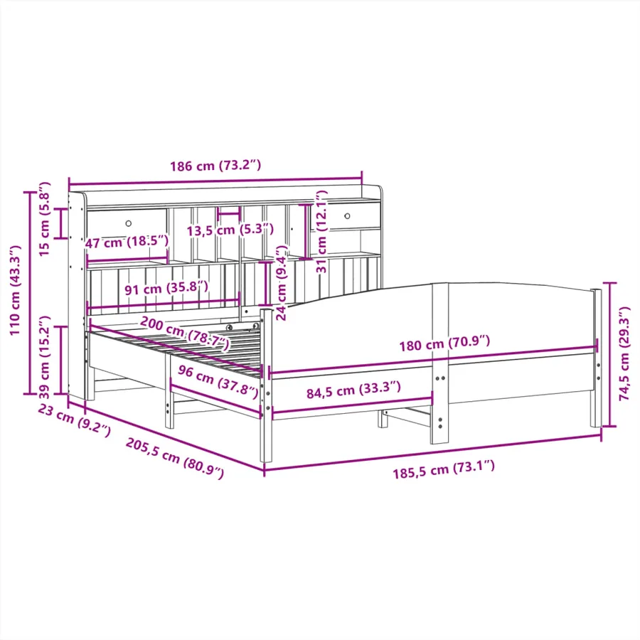 Lit bibliothèque sans matelas blanc 180x200 cm bois pin massif - 11
