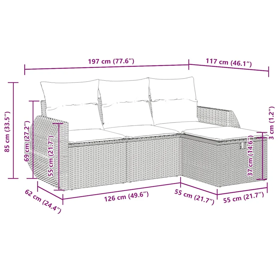 Salon de jardin 4 pcs avec coussins gris résine tressée - 11