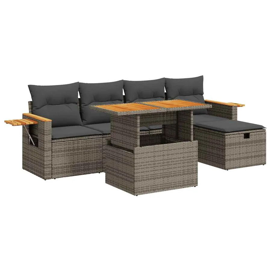 Salon de jardin 6 pcs avec coussins gris résine tressée - 2