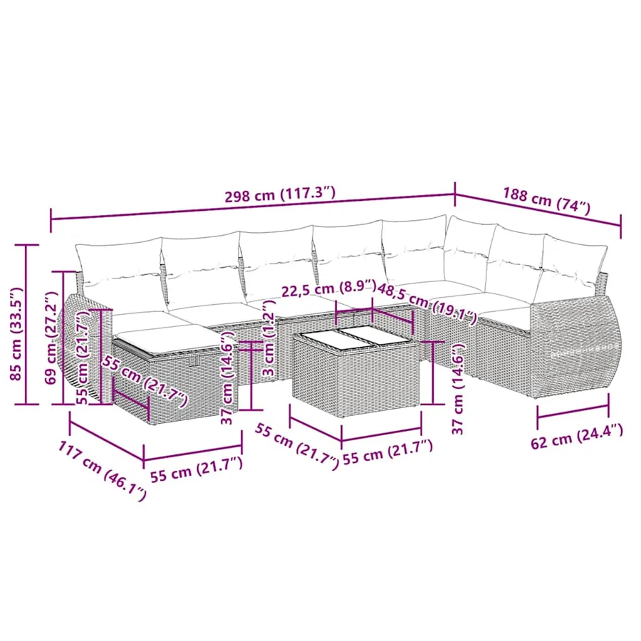 Salon de jardin 9 pcs avec coussins gris résine tressée - 14