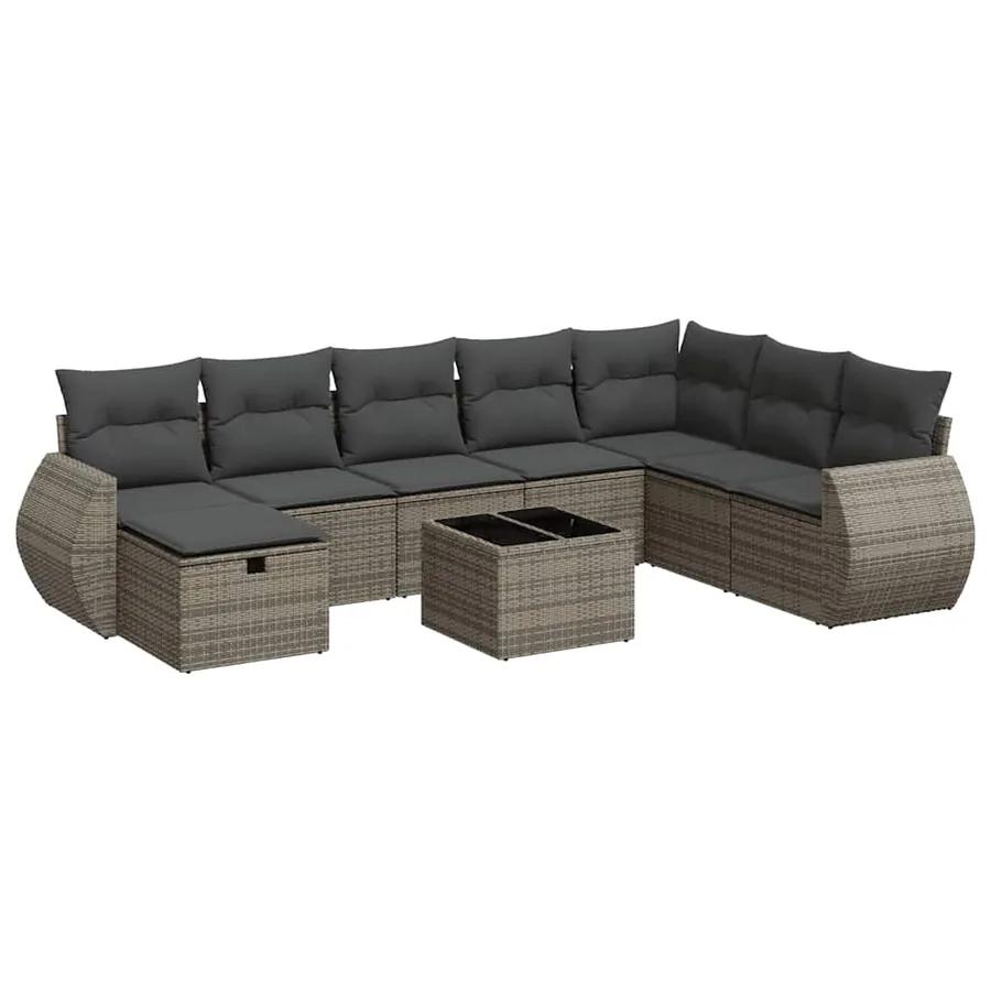 Salon de jardin 9 pcs avec coussins gris résine tressée - 2