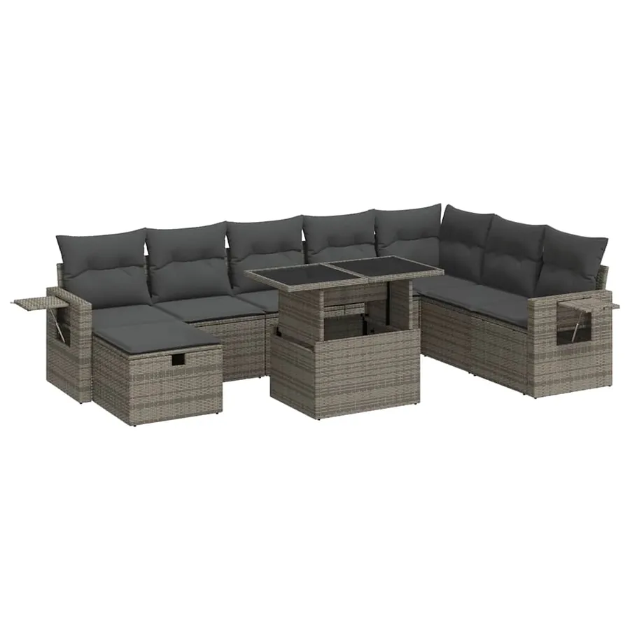 Salon de jardin 9 pcs avec coussins gris résine tressée - 2
