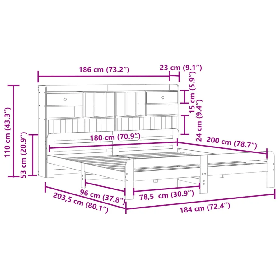 Lit bibliothèque sans matelas blanc 180x200 cm bois pin massif - 11