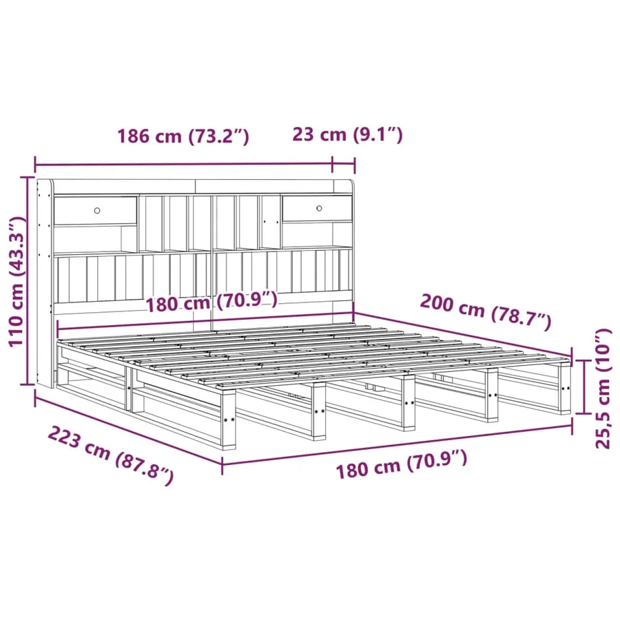 Lit bibliothèque sans matelas 180x200 cm bois massif de pin - 12