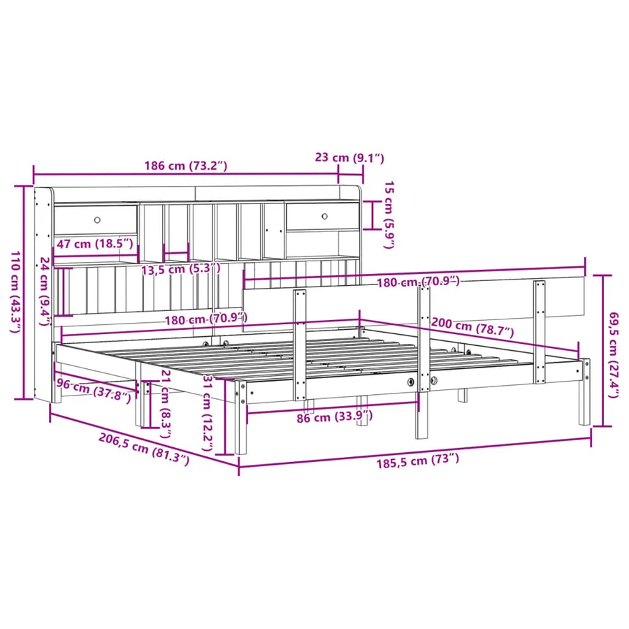Lit bibliothèque sans matelas 180x200 cm bois massif de pin - 11