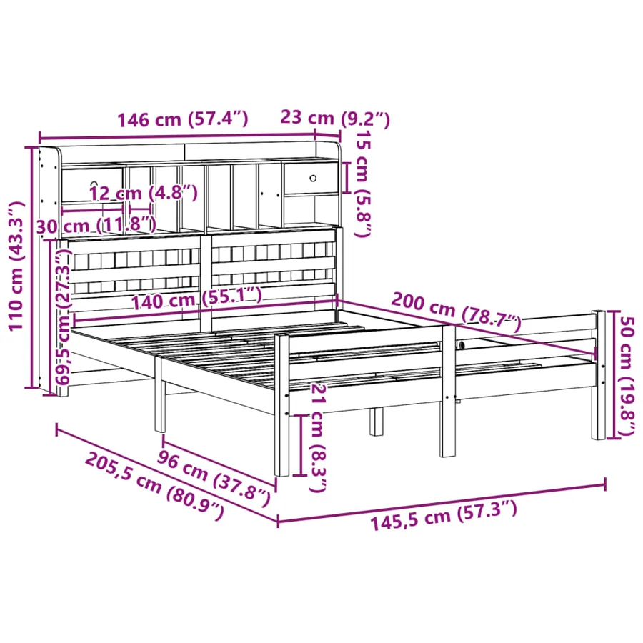 Lit bibliothèque sans matelas 140x200 cm bois massif de pin - 11